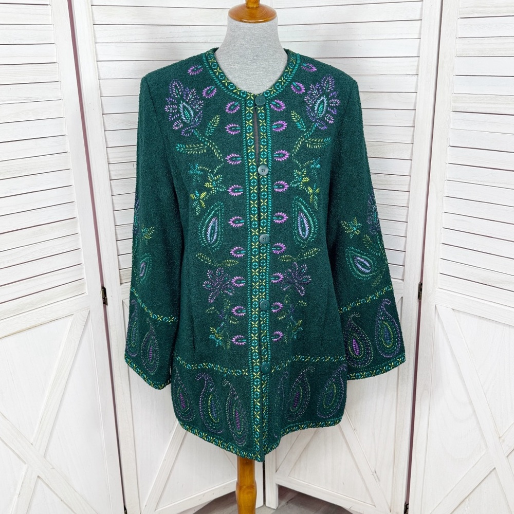 Linea by Louis Dell'Olio Coat Medium Teal Green Paisley Embroidered‎ Boucle Wool